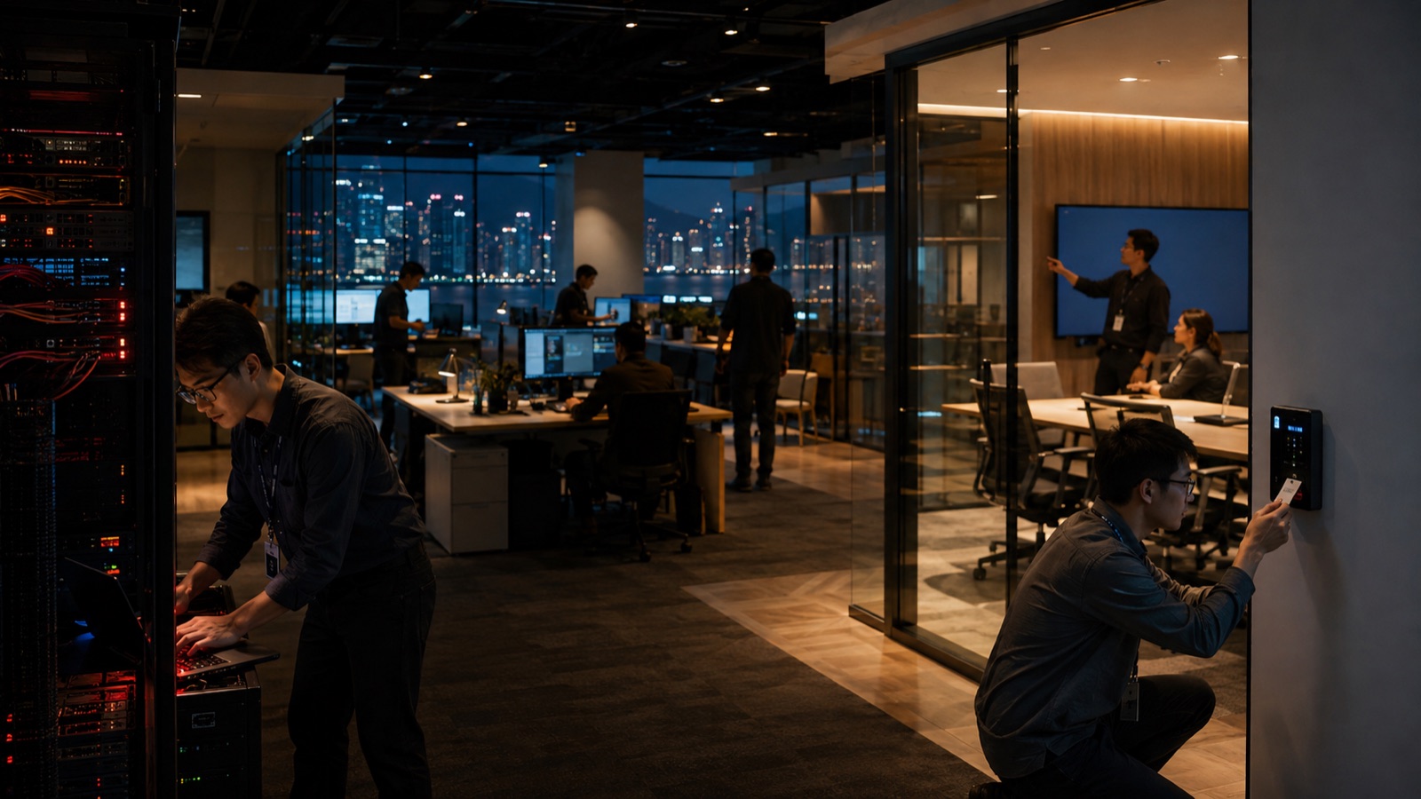 Cinematic concept of engineering and technology teams preparing a corporate headquarters relocation