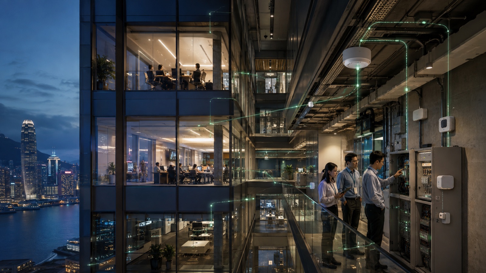 Cinematic concept of multi-floor corporate energy and workplace monitoring