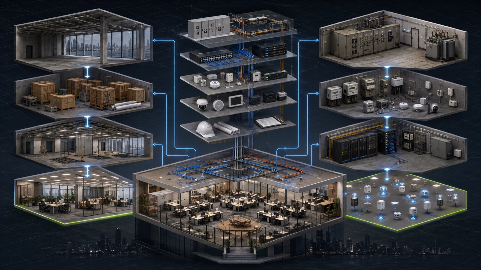 UPNX solutions architecture concept showing workplace relocation and smart-energy upgrades converging into one corporate workplace with coordinated power, network, IoT, AV, security and project-delivery systems.
